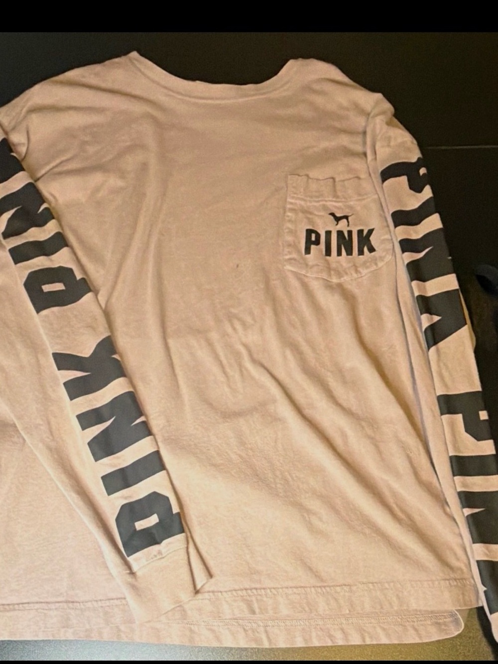 PINK Victoria's Secret Pale Pink Long Sleeve Pocket Tee with Black Sleeve Logo